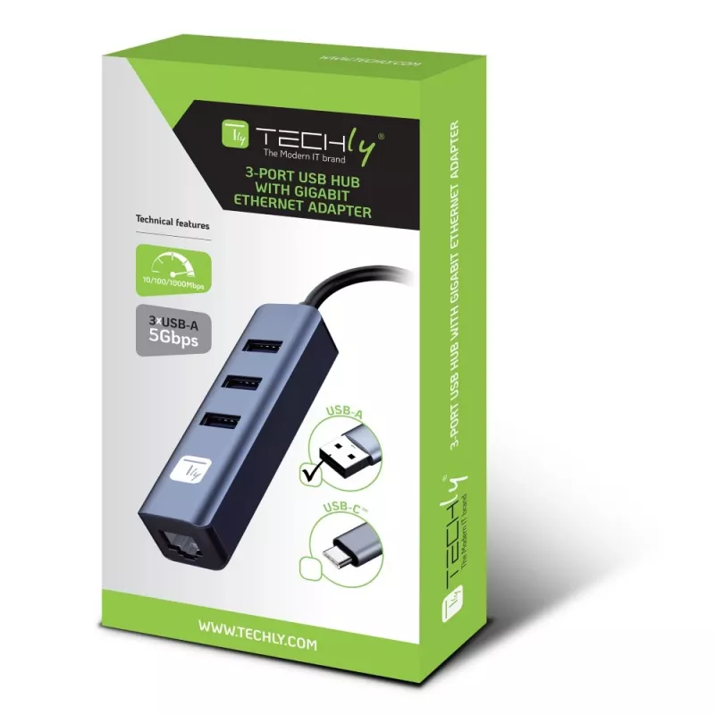 Stacja dokująca/replikator portów do laptopa Techly IDATA USB-ETGIGA3AA przewodowa USB 3.2 Gen 1 (3.1 Gen 1) Type-A, czarno-srebrna
