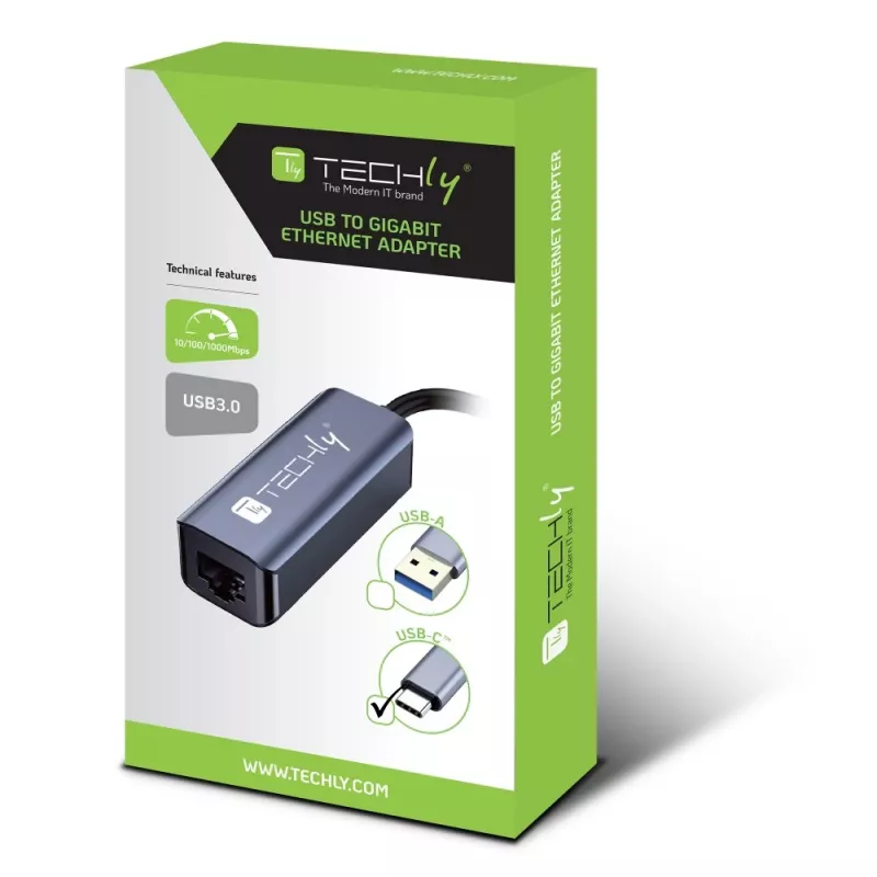 Techly IDATA USB-ETGIGA-CA stacja dokująca/replikator portów do laptopa Przewodowa USB 3.2 Gen 1 (3.1 Gen 1) Type-C Czarny, Srebrny