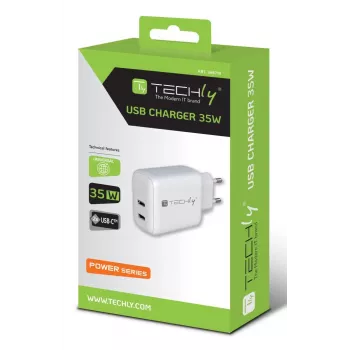 Techly IPW-USB-2C35W ładowarka do urządzeń mobilnych Laptop, Smartfon, Tablet Biały AC Szybkie ładowanie Do użytku wewnątrz pomieszczeń