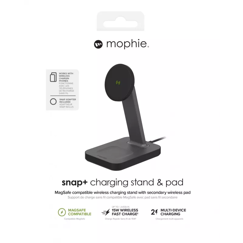 mophie UNV WRLS-snap+ stand & pad-Czarny-ROC-EU, Wewnętrzna, Zasilanie sieciowe, Ładowanie bezprzewodowe, Czarny
