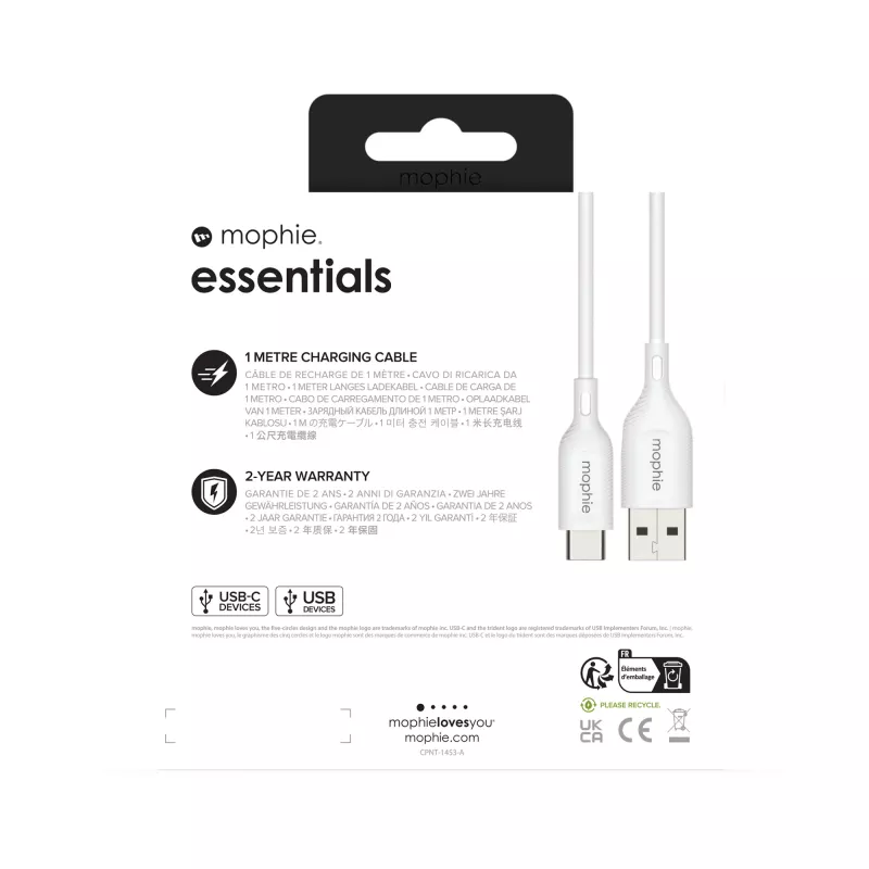 mophie essentials kable do ładowania | 1M kabel USB 2.0 USB A USB C biały