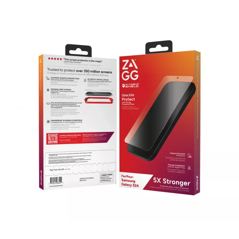 InvisibleShield Glass Elite B Samsung Galaxy S24 Screen, Samsung, Galaxy S24, Antybakteryjna, Odporna na uderzenia, Odporna na zarysowania, Przezroczysty, 1 szt.
