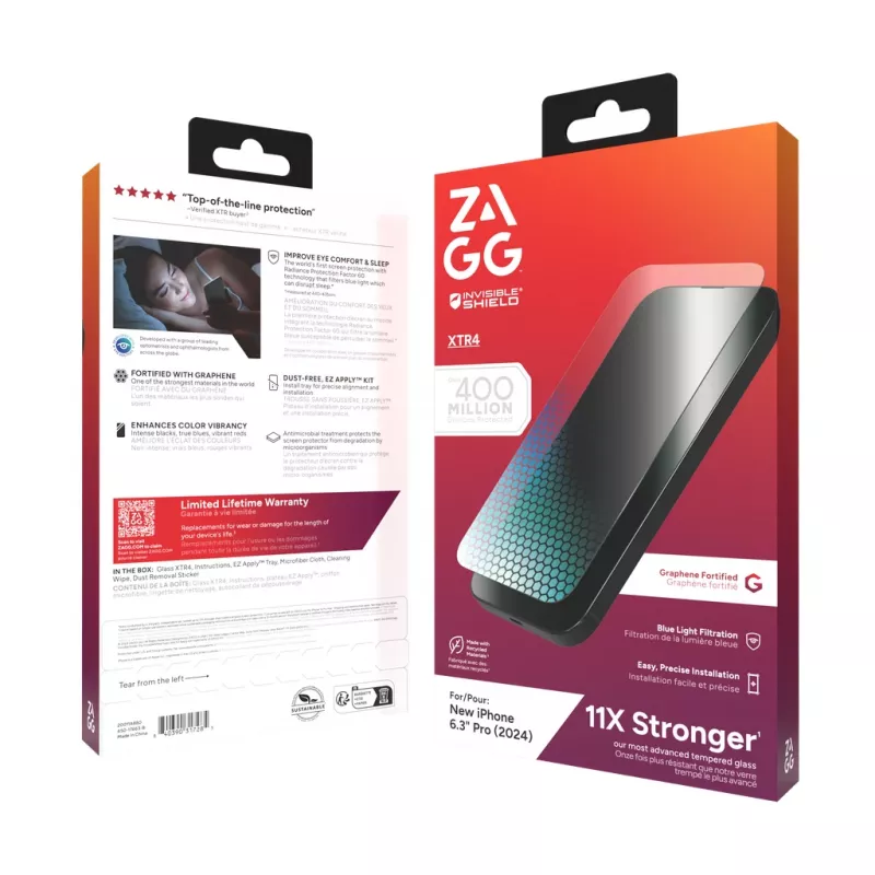 InvisibleShield Glass XTR4 Apple iPhone 16 Pro Screen, Apple, iPhone 16 Pro, Antybakteryjna, Ochrona przed niebieskim światłem, Odporna na kurz, Odporna na zarysowania, Przezroczysta, 1 szt.
