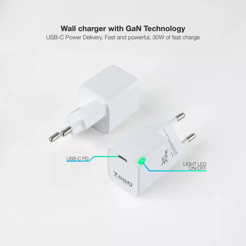 TooQ GAN USB-C/PD Ładowarka sieciowa 30 W, biała, do użytku wewnętrznego, AC, biała