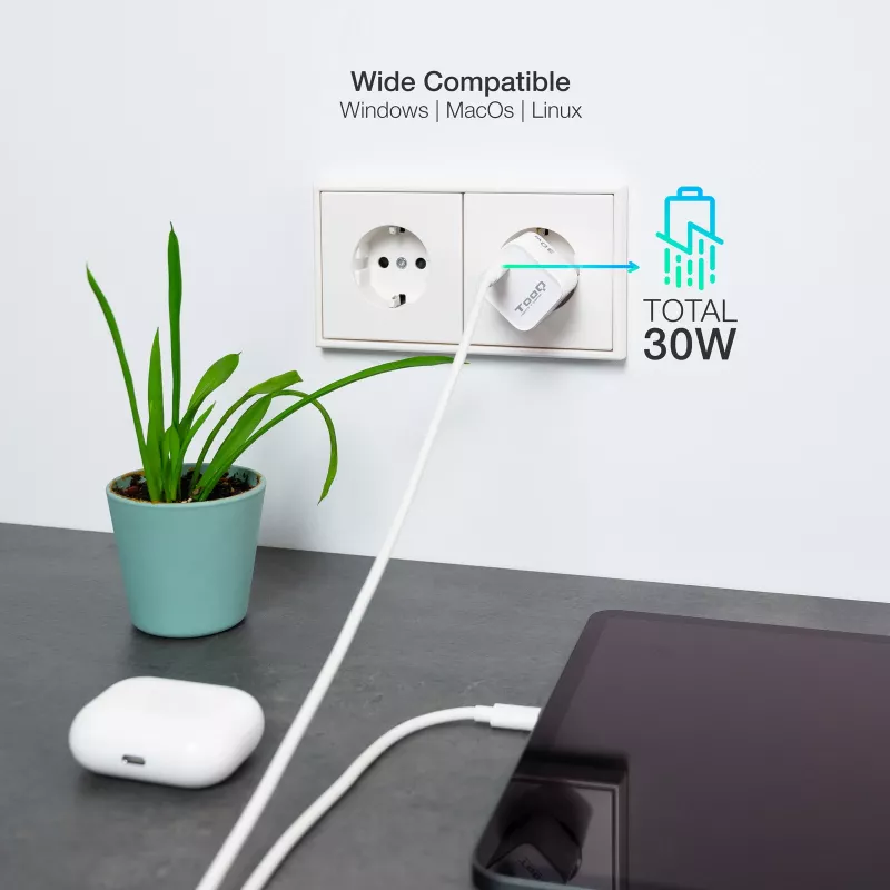 TooQ GAN USB-C/PD Ładowarka sieciowa 30 W, biała, do użytku wewnętrznego, AC, biała