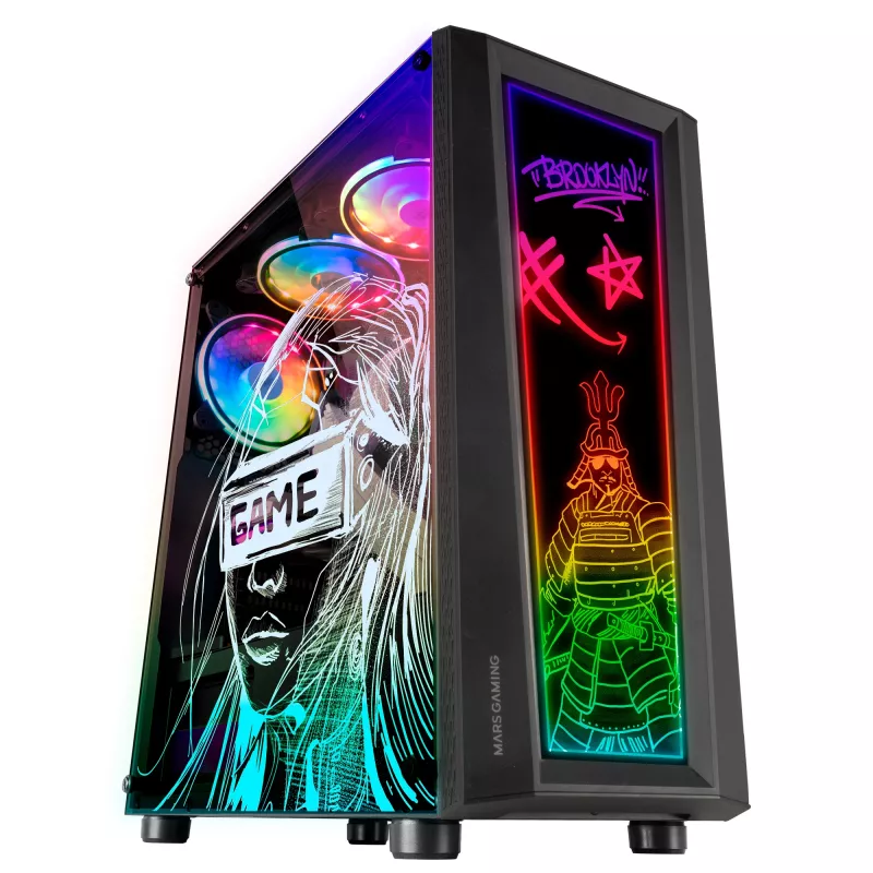 Mars Gaming MC-ART Czarny ATX Gaming PC Case Double Drawable Tempered Glass ARGB 12 Modes 12cm Fan