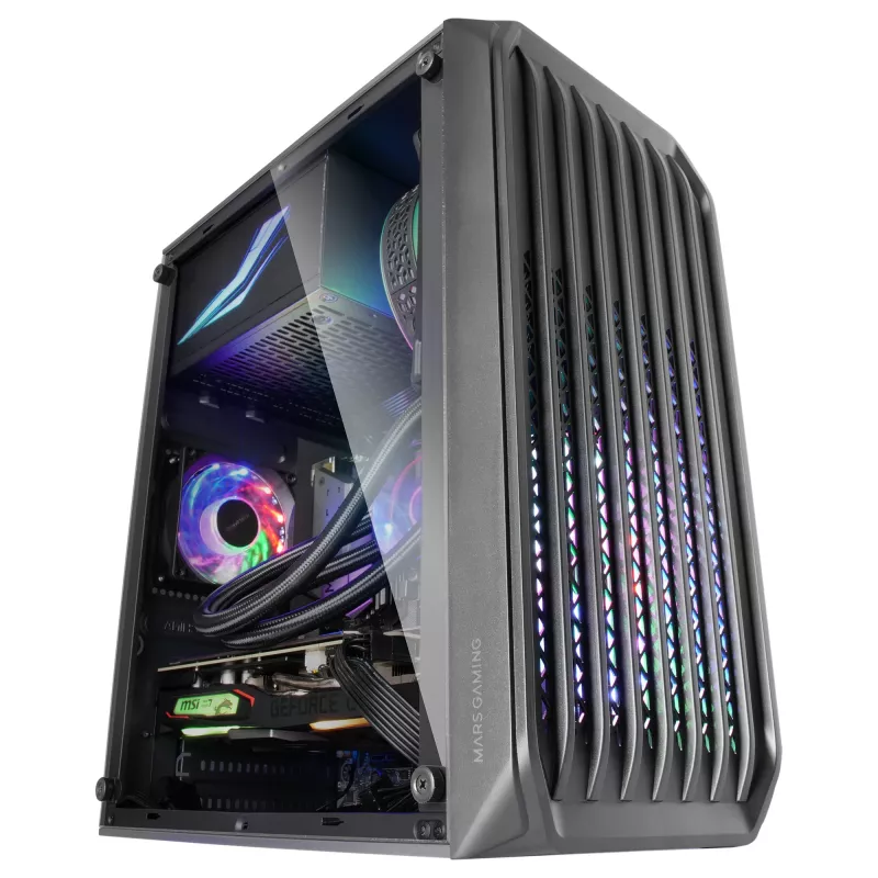 Mars Gaming MC-S2 Czarna Kompaktowa Obudowa Gamingowa Micro-ATX z 2 wentylatorami FRGB Rainbow, przednią kratką i pełnym panelem bocznym