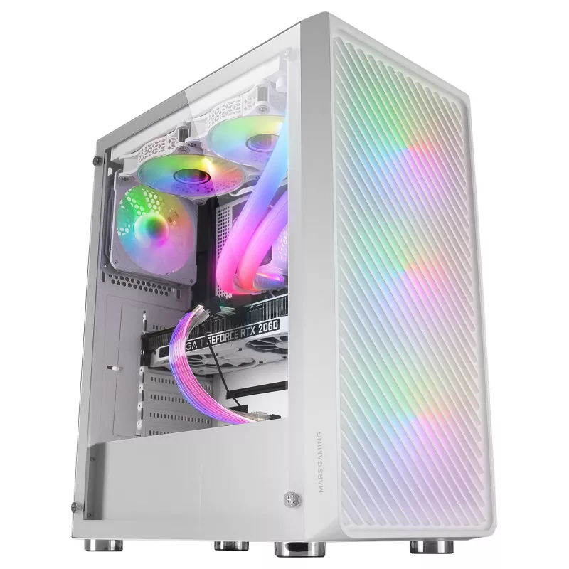 Mars Gaming MC-F biały, ATX Gaming Semitower, Pełne okno z hartowanego szkła, Panel przedni Metal-Mesh, 4x wentylatory ARGB 120 mm