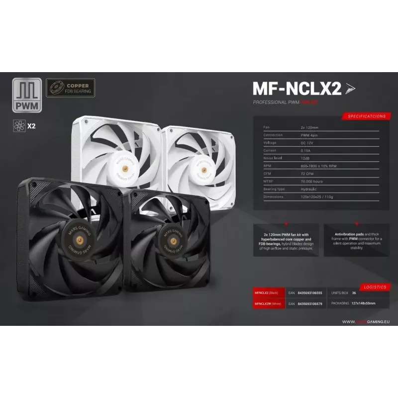 Mars Gaming MF-NCLX2W Wentylator do obudowy komputera 12 cm Biały 2 szt.
