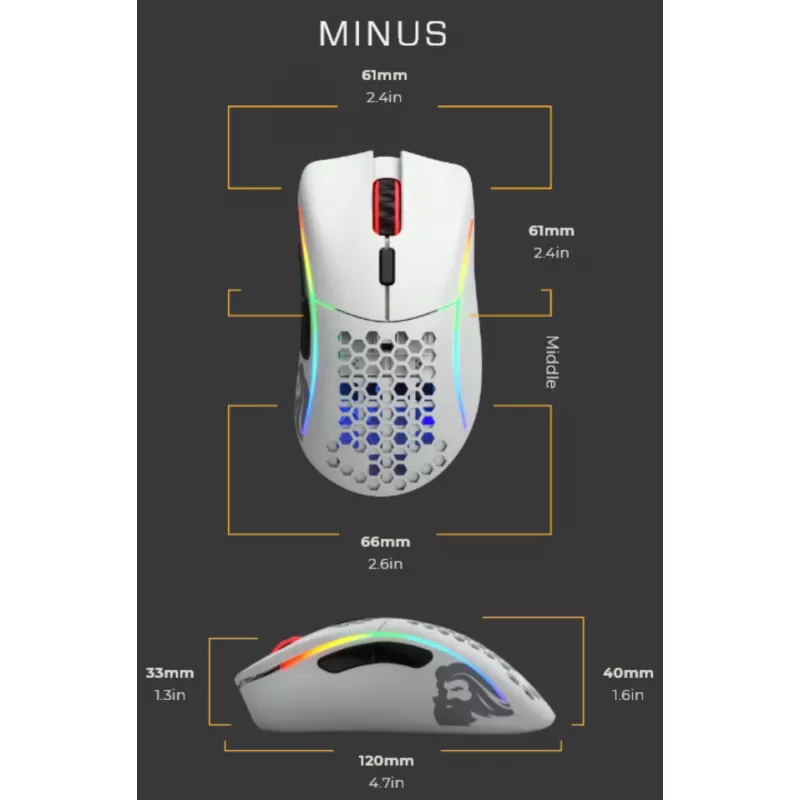 Glorious Gaming Glorious Model D Minus - Matowa biel, Praworęczna, Optyczna, USB Typu-A, 3200 DPI, 1 ms, Biała