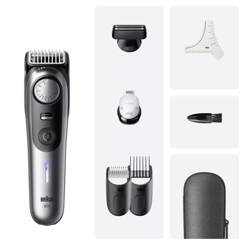 Trymer do brody BRAUN BeardTrimmer 9 80789785, 20 stopni długości, 0,5–20 mm, AC/bateria, Wet & Dry, szary
