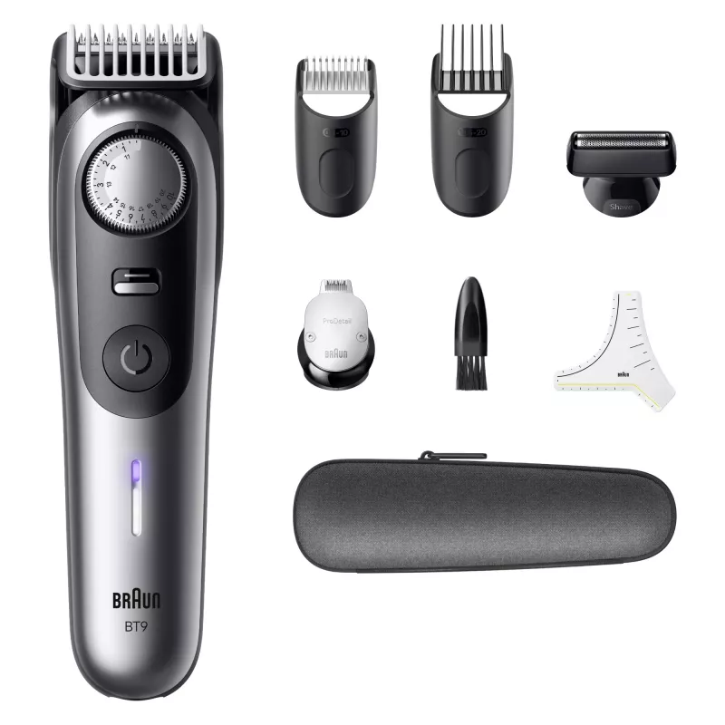 Trymer do brody BRAUN BeardTrimmer 9 80789785, 20 stopni długości, 0,5–20 mm, AC/bateria, Wet & Dry, szary