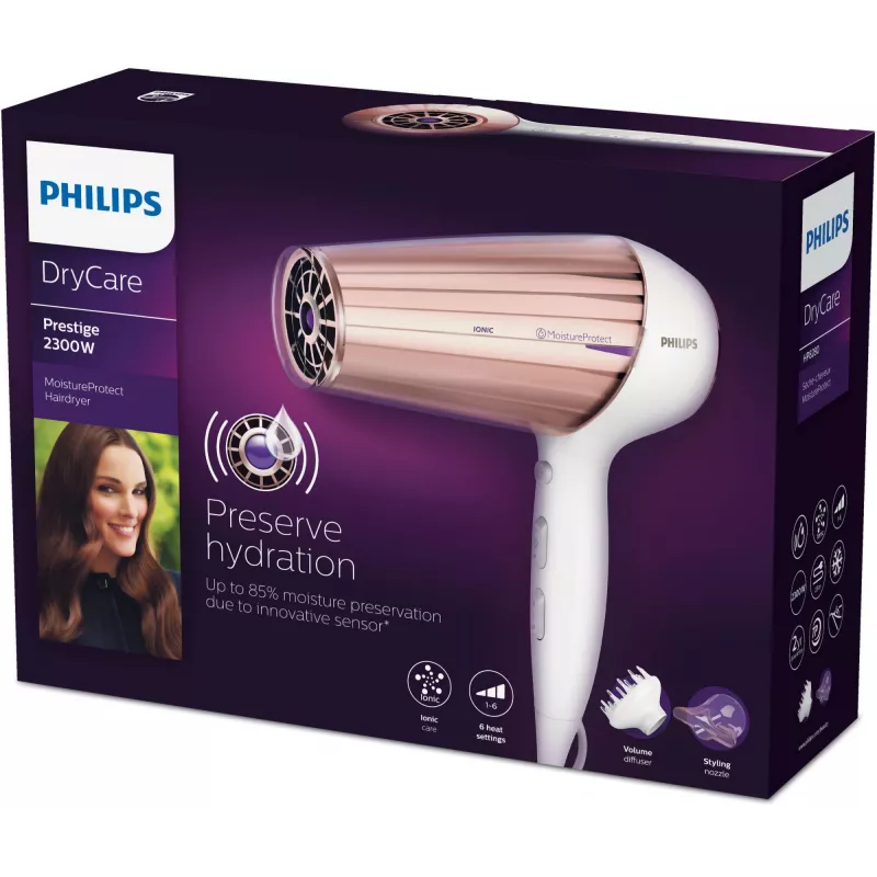 Suszarka do włosów Philips MoistureProtect Sensor HP8280/00 — 2300 W, silnik DC, 6 prędkości, funkcja jonizacji, chłodny nadmuch, fioletowo-biała