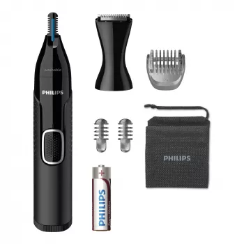 Trymer do nosa Philips 5000 NT5650/16 — zasilany bateriami, AA, wodoodporny, ostrza ze stali nierdzewnej, 3 nasadki grzebieniowe, pokrowiec podróżny