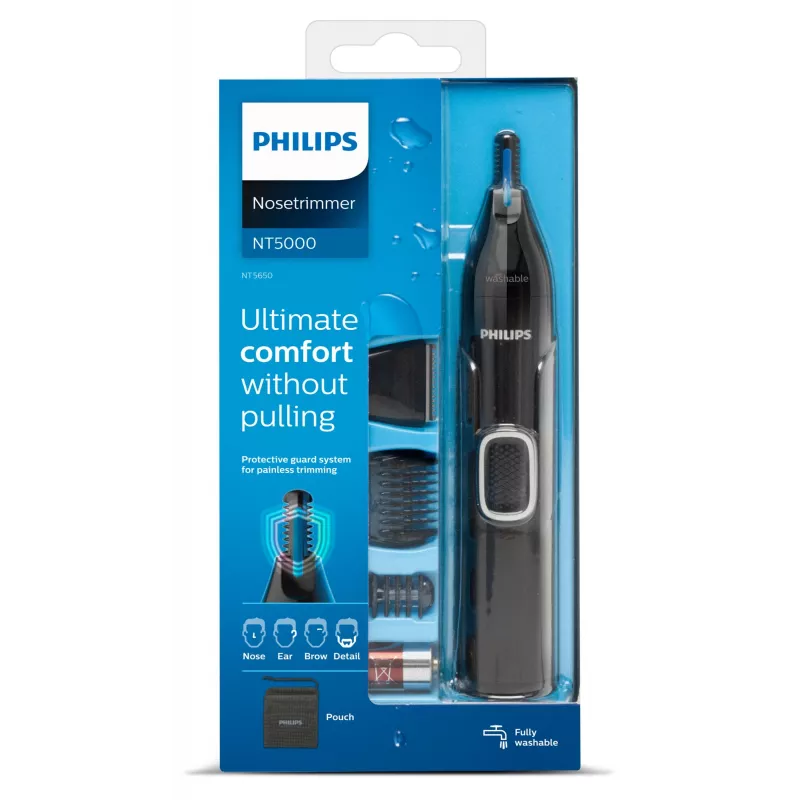 Trymer do nosa Philips 5000 NT5650/16 — zasilany bateriami, AA, wodoodporny, ostrza ze stali nierdzewnej, 3 nasadki grzebieniowe, pokrowiec podróżny
