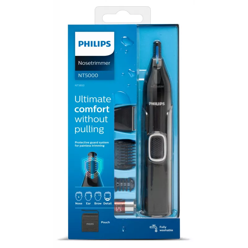 Trymer do nosa Philips 5000 NT5650/16 — zasilany bateriami, AA, wodoodporny, ostrza ze stali nierdzewnej, 3 nasadki grzebieniowe, pokrowiec podróżny