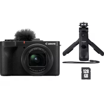 Kompaktowy aparat Canon PowerShot V1 Premium Vlogger Kit — 22,3 MP, 1/4 cala CMOS, 4K UHD, zoom optyczny 3,1x, ekran dotykowy 3 cale, czarny