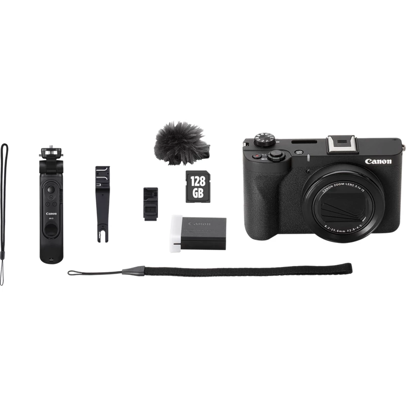 Kompaktowy aparat Canon PowerShot V1 Premium Vlogger Kit — 22,3 MP, 1/4 cala CMOS, 4K UHD, zoom optyczny 3,1x, ekran dotykowy 3 cale, czarny