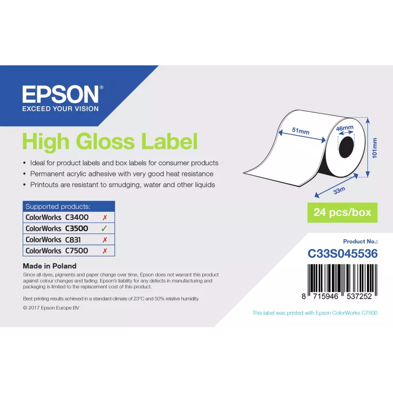 Etykieta Epson o wysokim połysku – rolka ciągła: 51 mm x 33 m