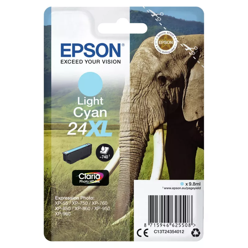 Epson Elephant Singlepack Jasny Cyjan 24XL Claria Photo HD Tusz