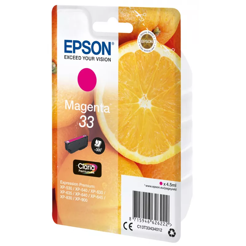 Epson pomarańczowys Singlepack magenta 33 Claria Premium Ink, magenta, tusz pigmentowy, 4,5 ml, 1 szt., 300 stron