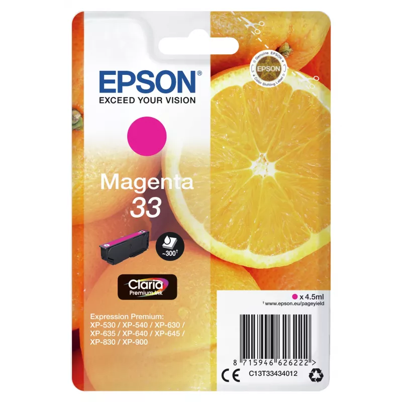 Epson pomarańczowys Singlepack magenta 33 Claria Premium Ink, magenta, tusz pigmentowy, 4,5 ml, 1 szt., 300 stron
