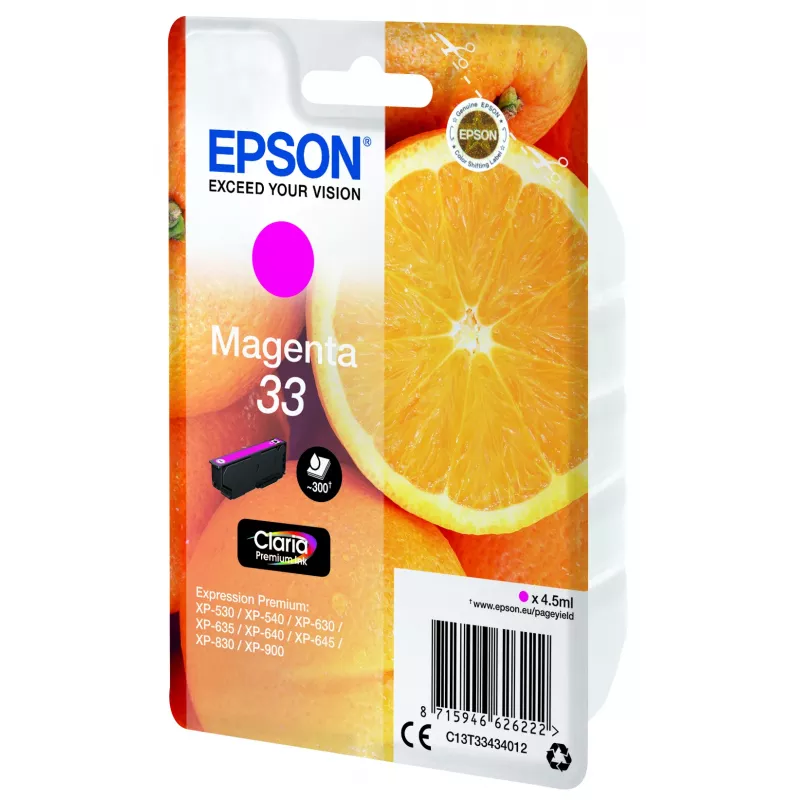 Epson pomarańczowys Singlepack magenta 33 Claria Premium Ink, magenta, tusz pigmentowy, 4,5 ml, 1 szt., 300 stron