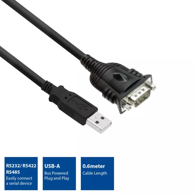 ACT 0,6 m adapter USB na szeregowy, czarny, 0,6 m, USB Typ-A, DB-9, męski, męski