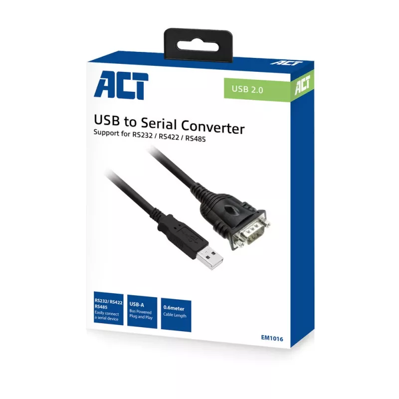 ACT 0,6 m adapter USB na szeregowy, czarny, 0,6 m, USB Typ-A, DB-9, męski, męski