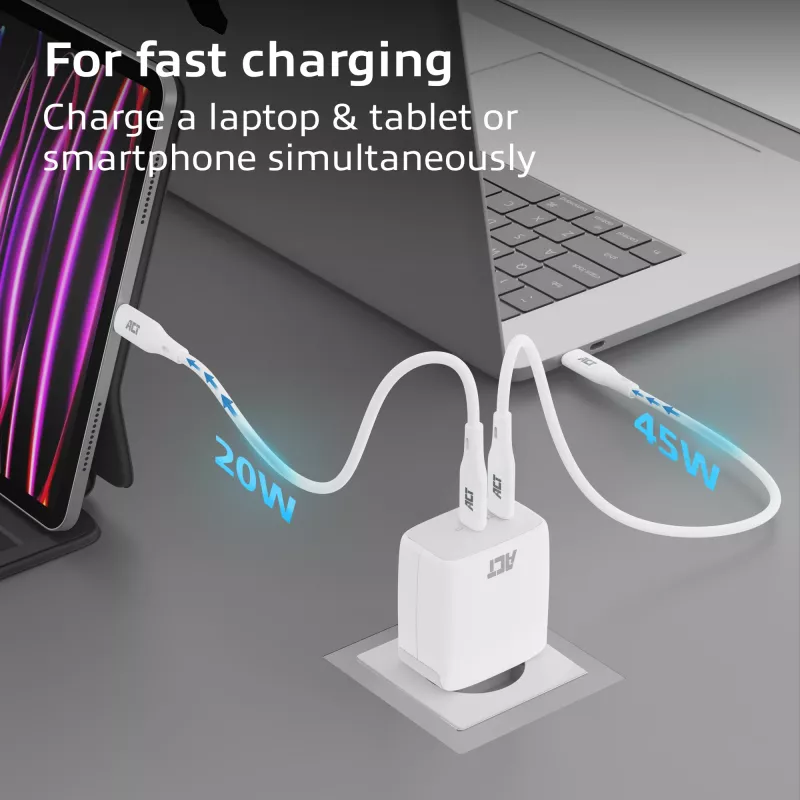 Ładowarka ACT USB-C 65W 2-portowa z Power Delivery PPS i GaNFast
