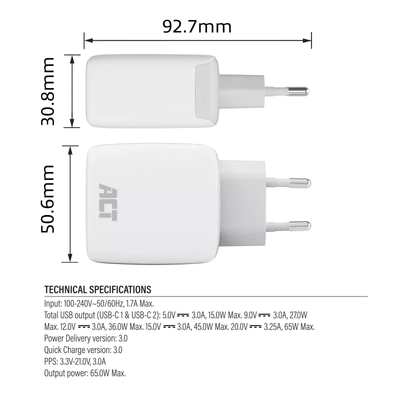 Ładowarka ACT USB-C 65W 2-portowa z Power Delivery PPS i GaNFast