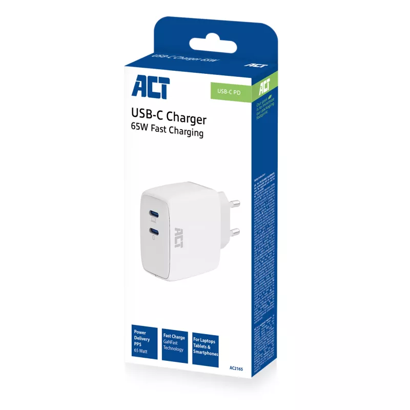 Ładowarka ACT USB-C 65W 2-portowa z Power Delivery PPS i GaNFast
