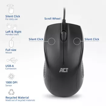 ACT Wired full-size optical mysz 1000 DPI, silent click, eco-friendly, made from recycled materials