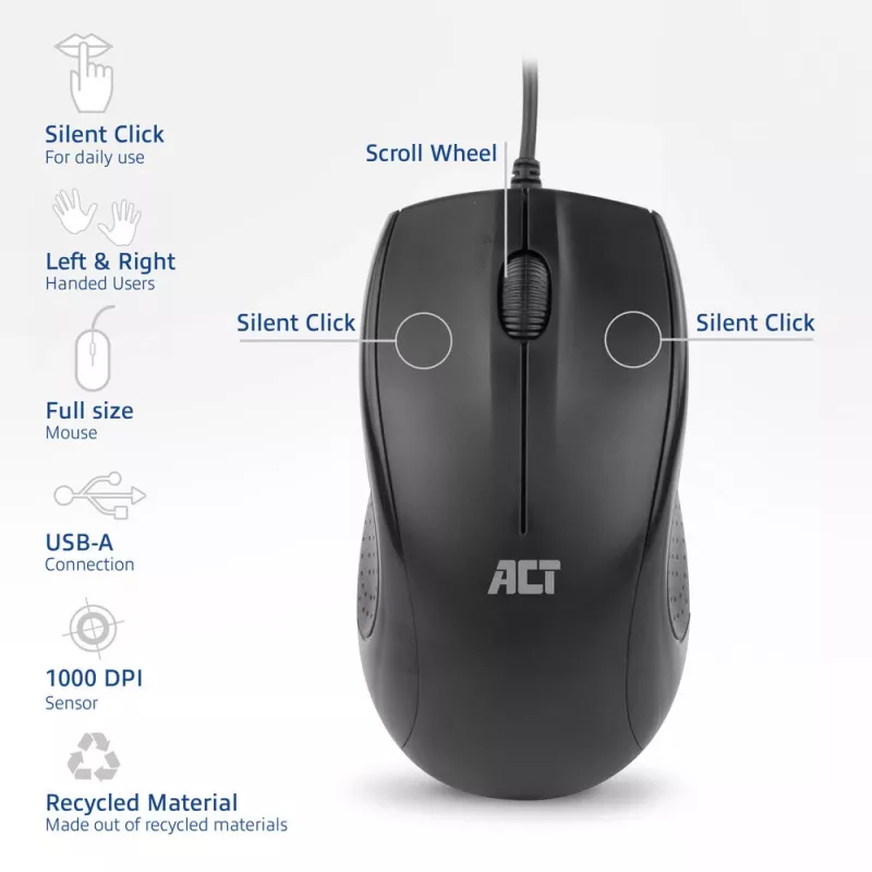 ACT Wired full-size optical mysz 1000 DPI, silent click, eco-friendly, made from recycled materials
