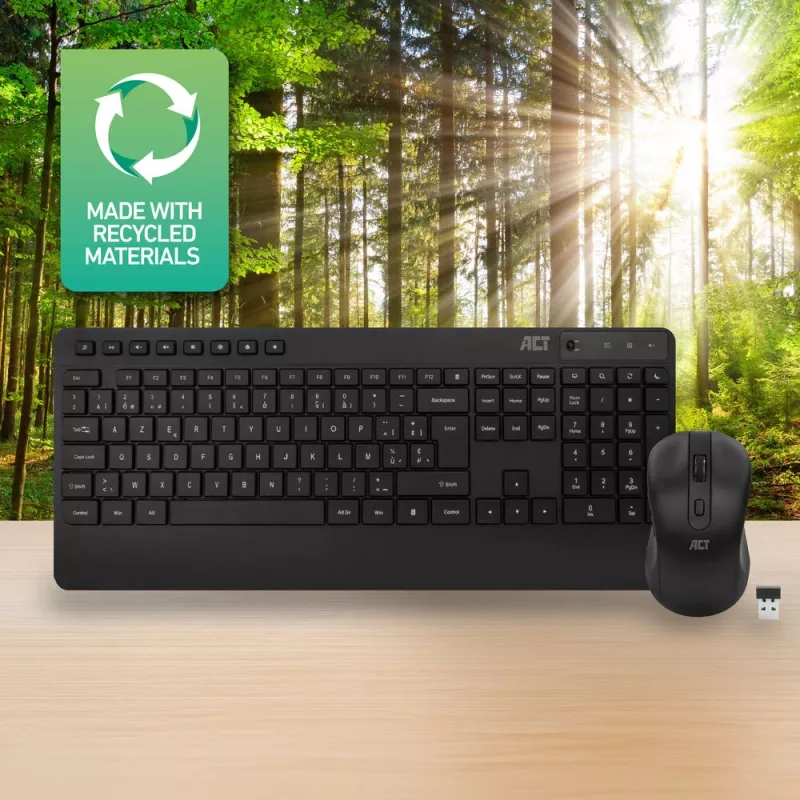Bezprzewodowy zestaw klawiatury i myszy ACT (Azerty), ciche kliknięcia, ekologiczny, wykonany z materiałów z recyklingu