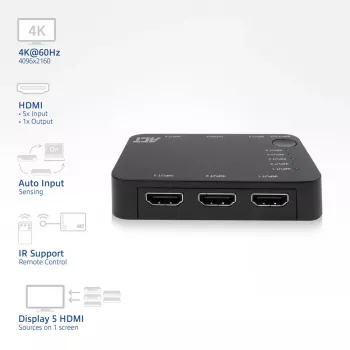 ACT 4K HDMI Switch 5 in, 1 out, HDMI, Czarny, 2160p, 18 Gbit/s, 4096 x 2160 pixels, 4K Ultra HD
