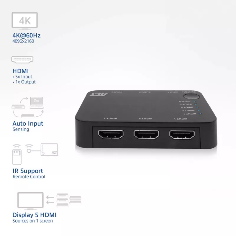 ACT 4K HDMI Switch 5 in, 1 out, HDMI, Czarny, 2160p, 18 Gbit/s, 4096 x 2160 pixels, 4K Ultra HD