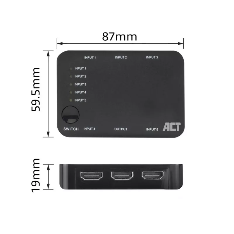ACT 4K HDMI Switch 5 in, 1 out, HDMI, Czarny, 2160p, 18 Gbit/s, 4096 x 2160 pixels, 4K Ultra HD