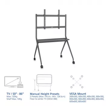 ACT Mobilny stojak podłogowy do telewizora/monitora, 50” do 86”, VESA, 127 cm (50 cali), 2,18 m (86 cali), 200 x 200 mm, 800 x 600 mm, aluminium, plastik, stal, szary