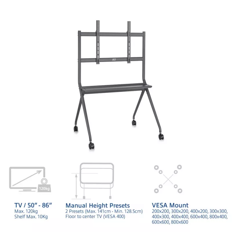 ACT Mobilny stojak podłogowy do telewizora/monitora, 50” do 86”, VESA, 127 cm (50 cali), 2,18 m (86 cali), 200 x 200 mm, 800 x 600 mm, aluminium, plastik, stal, szary