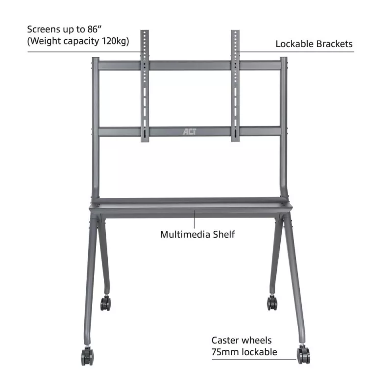ACT Mobilny stojak podłogowy do telewizora/monitora, 50” do 86”, VESA, 127 cm (50 cali), 2,18 m (86 cali), 200 x 200 mm, 800 x 600 mm, aluminium, plastik, stal, szary