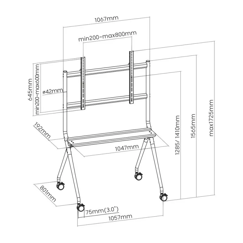 ACT Mobilny stojak podłogowy do telewizora/monitora, 50” do 86”, VESA, 127 cm (50 cali), 2,18 m (86 cali), 200 x 200 mm, 800 x 600 mm, aluminium, plastik, stal, szary