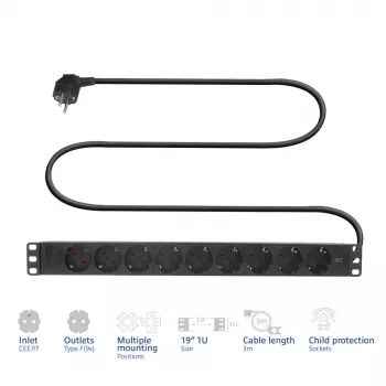 Przedłużacz ACT PDU 19 cali CEE7/7 z 9 gniazdami typu F, 3m H05VV-F 3G1.5