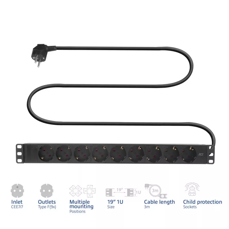 Przedłużacz ACT PDU 19 cali CEE7/7 z 9 gniazdami typu F, 3m H05VV-F 3G1.5