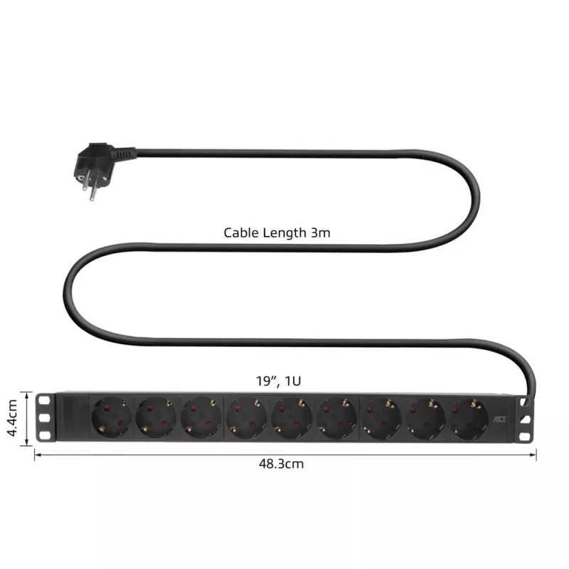 Przedłużacz ACT PDU 19 cali CEE7/7 z 9 gniazdami typu F, 3m H05VV-F 3G1.5