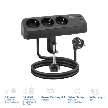 ACT listwa zasilająca biurkowa z 3 gniazdami typu F, Power Delivery 30 W, portami USB Type-C/A, długość kabla 1,5 metra