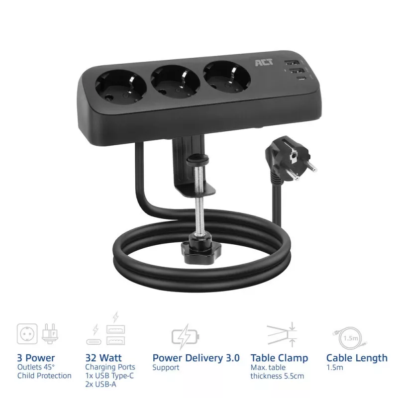 ACT listwa zasilająca biurkowa z 3 gniazdami typu F, Power Delivery 30 W, portami USB Type-C/A, długość kabla 1,5 metra