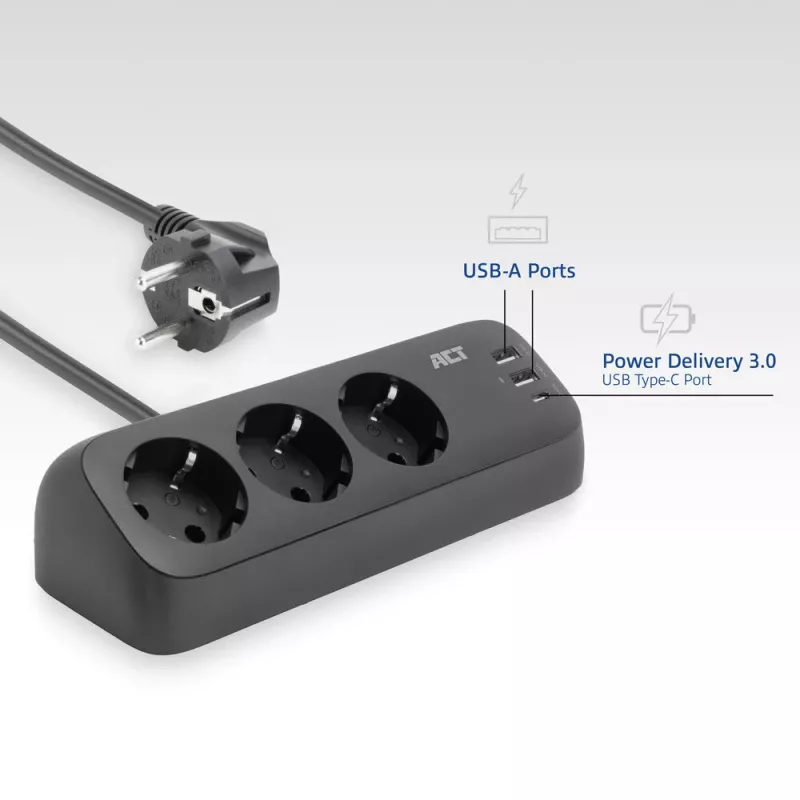 ACT listwa zasilająca biurkowa z 3 gniazdami typu F, Power Delivery 30 W, portami USB Type-C/A, długość kabla 1,5 metra