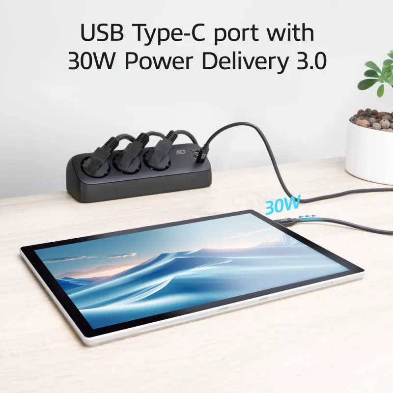 ACT listwa zasilająca biurkowa z 3 gniazdami typu F, Power Delivery 30 W, portami USB Type-C/A, długość kabla 1,5 metra