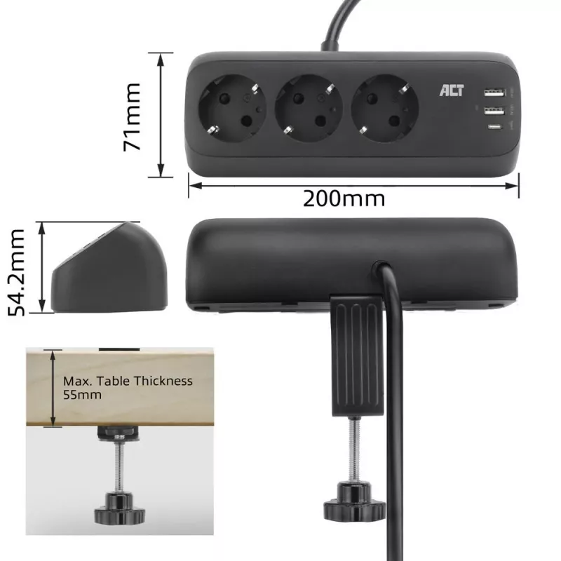 ACT listwa zasilająca biurkowa z 3 gniazdami typu F, Power Delivery 30 W, portami USB Type-C/A, długość kabla 1,5 metra